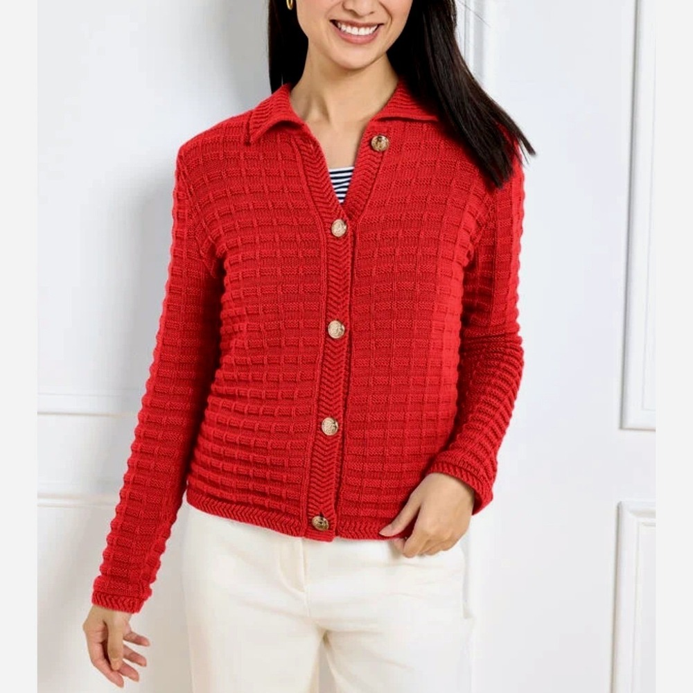 Talbots Red Textured Polo Cardigan Sweater Sz M Cotton Preppy